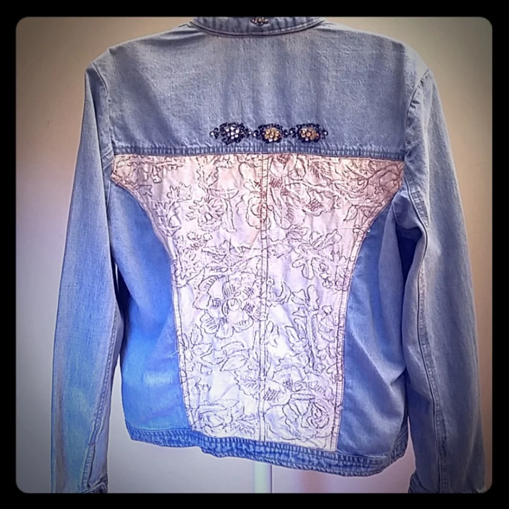 Chico's Jeweled Denim Boho Western Embellished Jacket Size Small